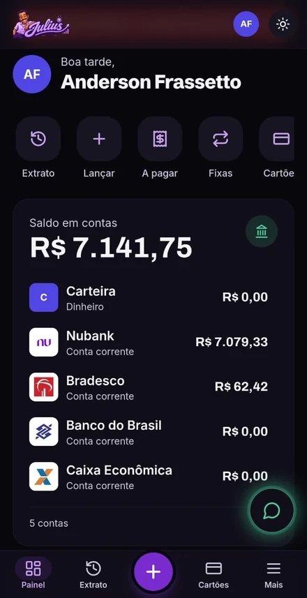 Painel do app Julius no celular